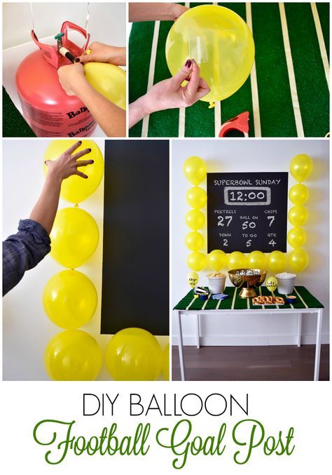 a collage of photos with balloons, chalkboard and football goal postcard on it