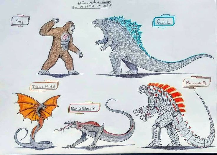 an image of godzillas and bigfoots in the same drawing style as humans