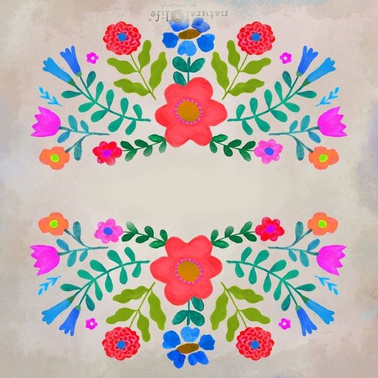 an artistic painting of flowers and leaves on a white background with blue, red, pink, green, orange and yellow colors