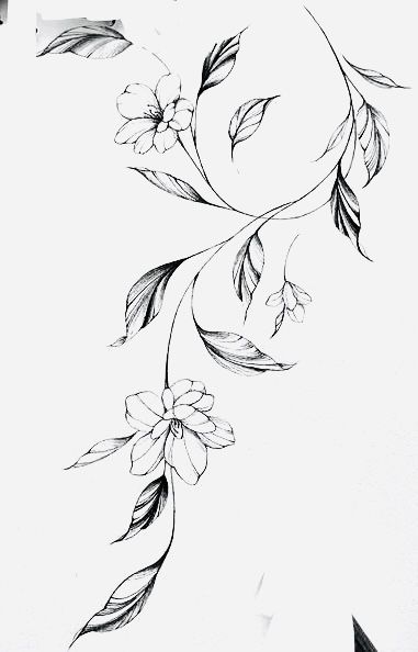 a black and white drawing of flowers with leaves on the bottom half of their arm