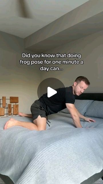 a man laying on top of a bed next to a tv screen with the caption did you know that doing frog pose for one minute?