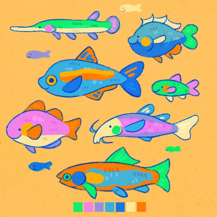 an image of different colored fish in the ocean on a yellow background with blue, green, and pink colors