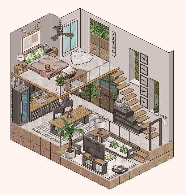 an aerial view of a living room and dining area with stairs to the second floor