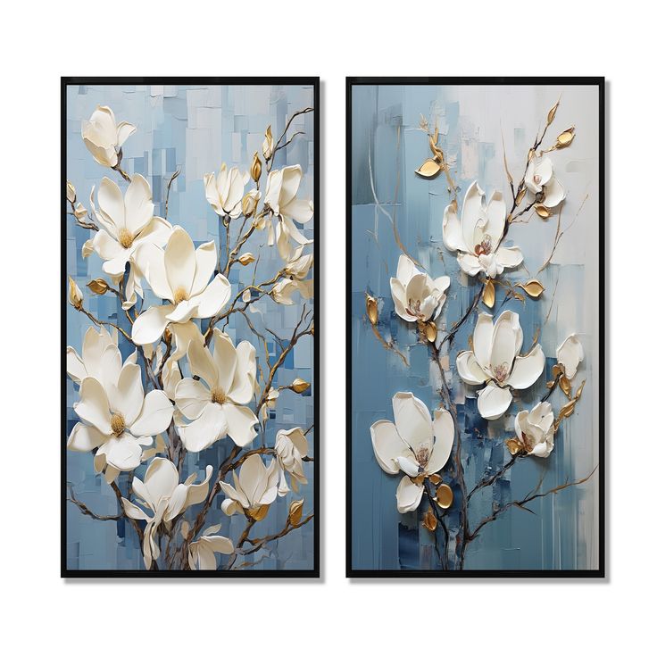 two paintings with white flowers on blue background