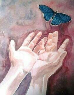 two hands reaching out towards a blue butterfly