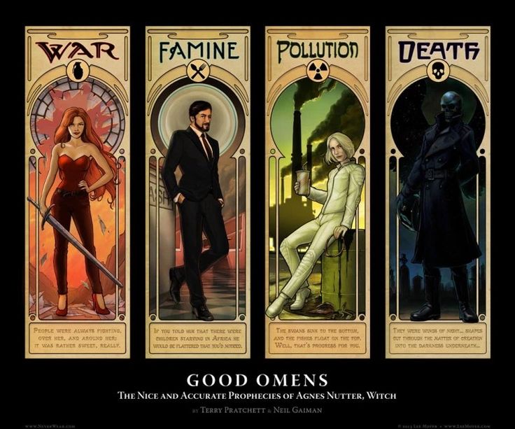 four different versions of the same character in video games, with caption that reads good omens