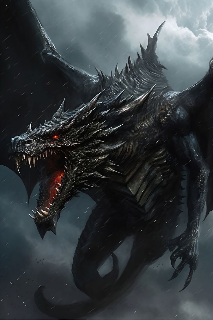 a black dragon with red eyes is in the rain