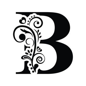 the letter b is decorated with flowers and leaves in black on a white background, suitable for monogramming