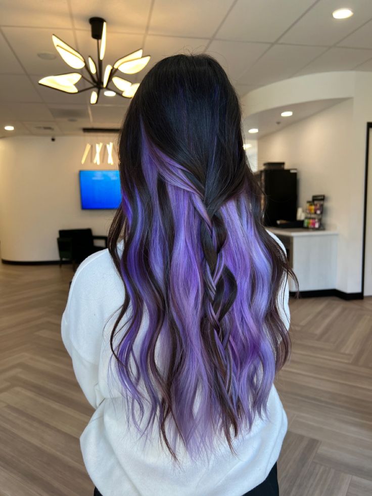 Purple underneath color. Hair inspo 2023 Hairdye Ideas Brown Hair, Dark Brown With Peekaboo Color, Hair Color Ideas For Brunettes Under Dye, Dark Hair With Vivid Peekaboo, Half Purple Half Black Hair Under, Brunette With Underneath Color, Purple For Brown Hair, Brown Hair With Peak A Boo Color, Blue And Purple Underneath Hair