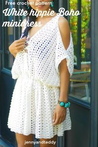 a woman standing in front of a window with the words free crochet pattern white hippie boho mini dress