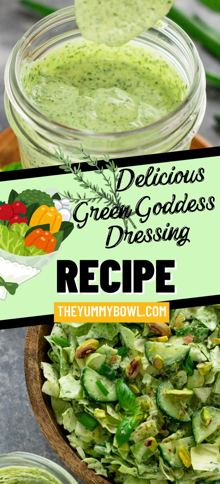 green goddess dressing recipe in a bowl with spoons on the side and text overlay