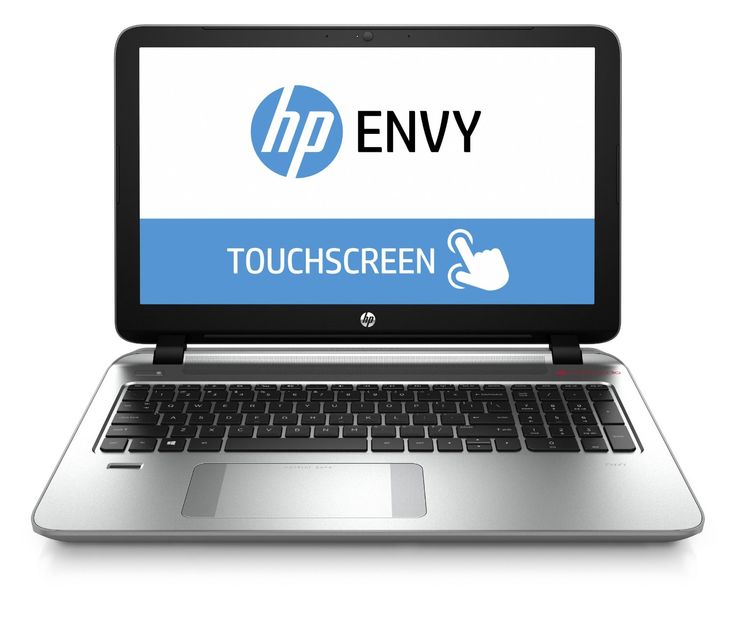 an open laptop computer sitting on top of a white surface with the hp envy touch screen logo