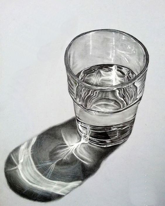 a pencil drawing of a glass with water in it's reflection on a white surface