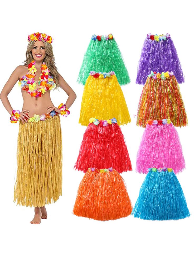 women's hawaiian hula skirt with flowers and grass fringes, multicolored