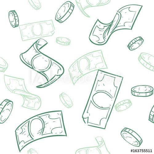 money falling down from the sky with green outline on white background, seamless pattern