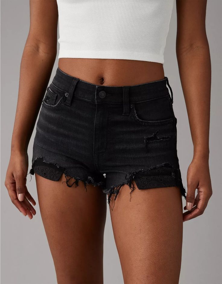 AE Next Level High-Waisted Denim Short Short Clothe Store, Black American Eagle Jeans, Random Wishlist, High Waisted Shorts Outfit, Lace Jean Shorts, Jean Short Outfits, American Eagle Outfits, Summer Shorts Outfits, Ripped Denim Shorts