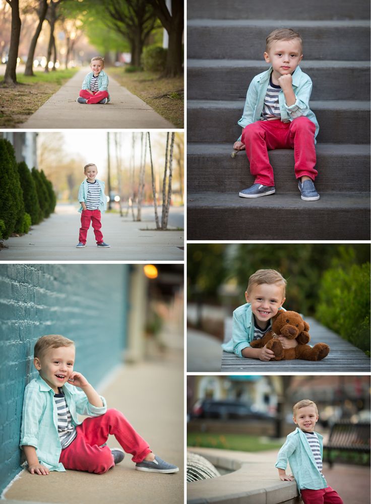 a collage of photos shows a little boy sitting on steps and holding a teddy bear