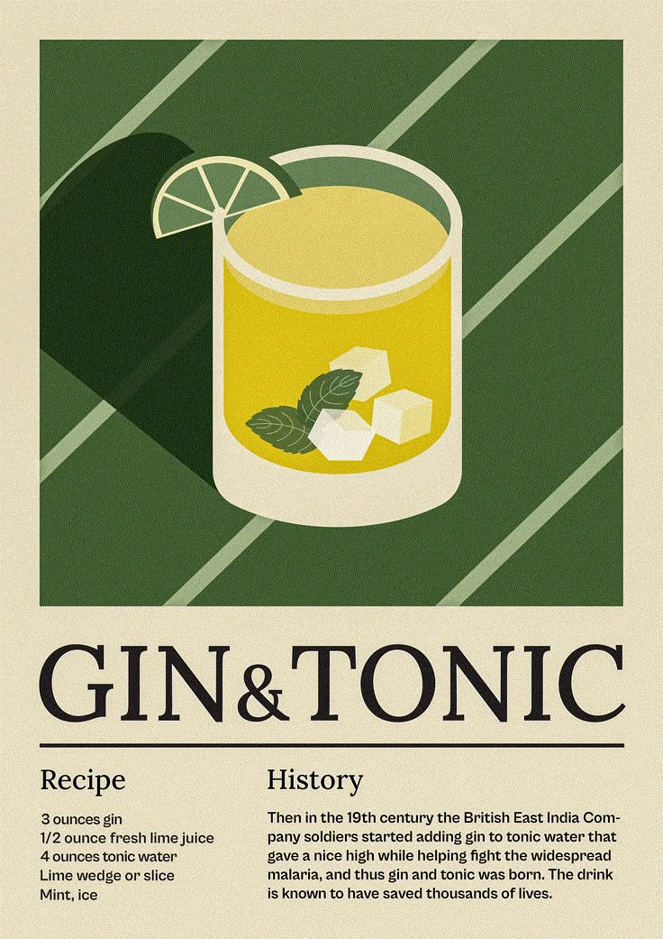 an advertisement for gin and tonic, featuring a glass of lemonade with ice cubes