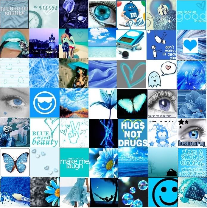 a collage of blue and white images