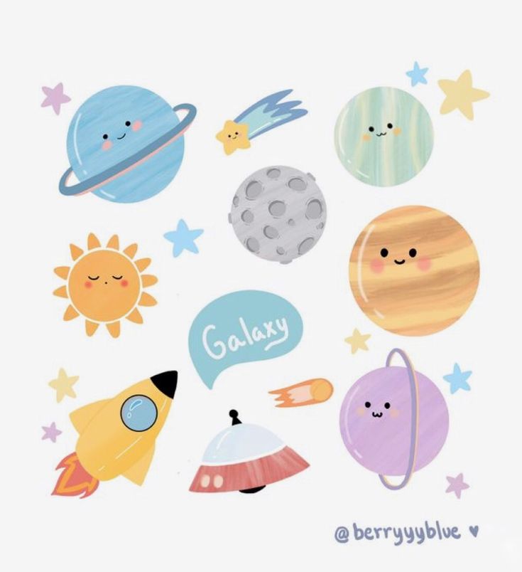 an illustration of planets and stars with the word galaxy written in it's center