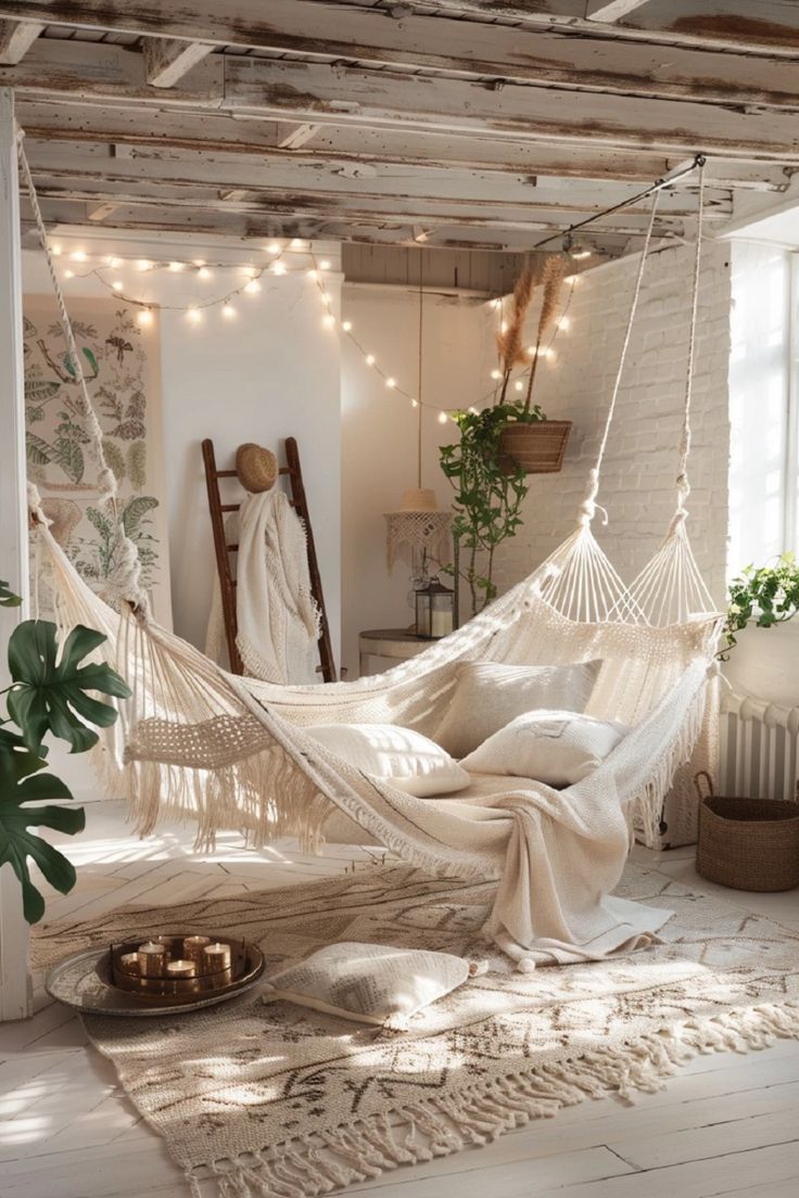 a white hammock hanging from the ceiling in a room with wooden beams and string lights