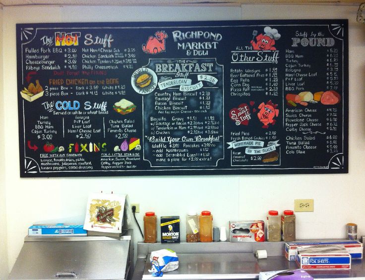 a restaurant menu on a blackboard behind the counter