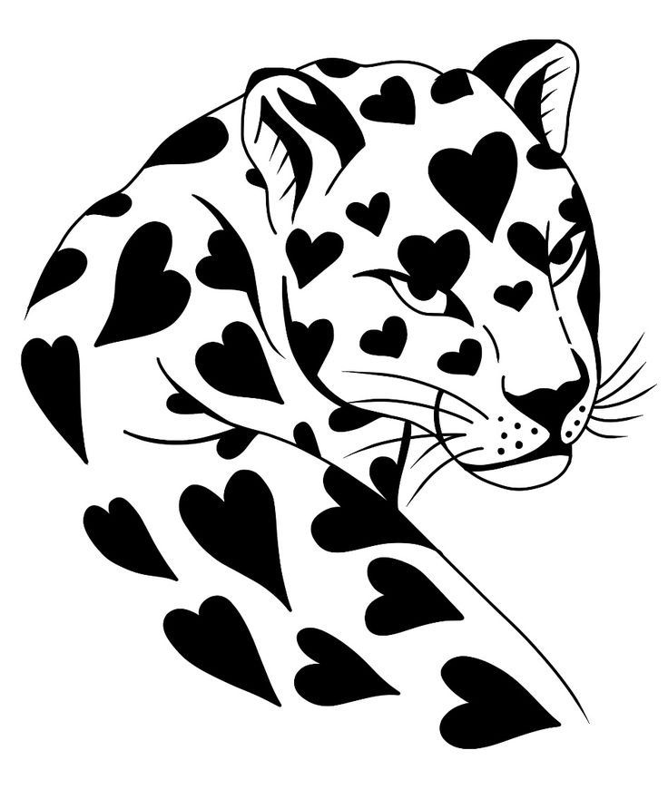 a black and white drawing of a leopard with hearts