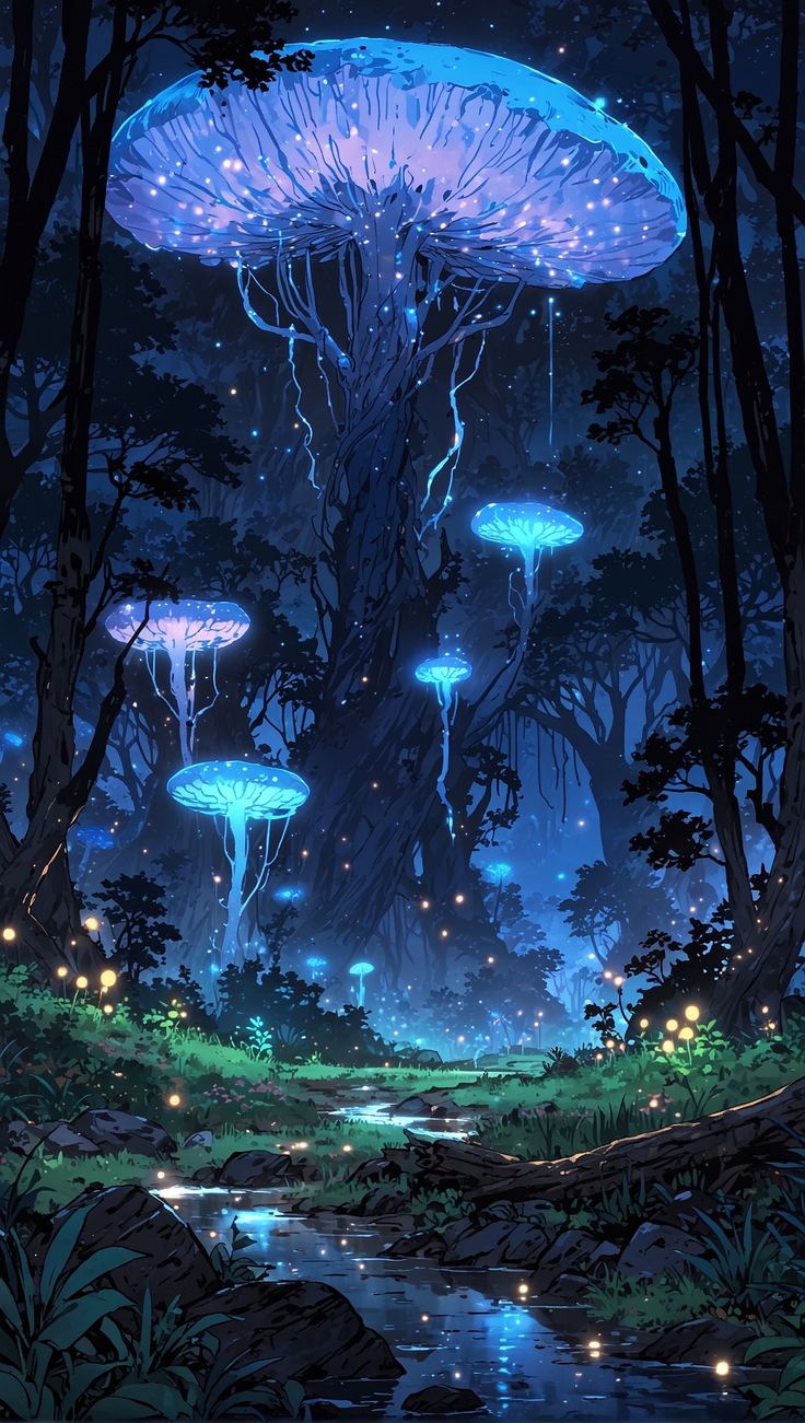 an image of a fantasy forest scene with trees and mushrooms in the night time sky