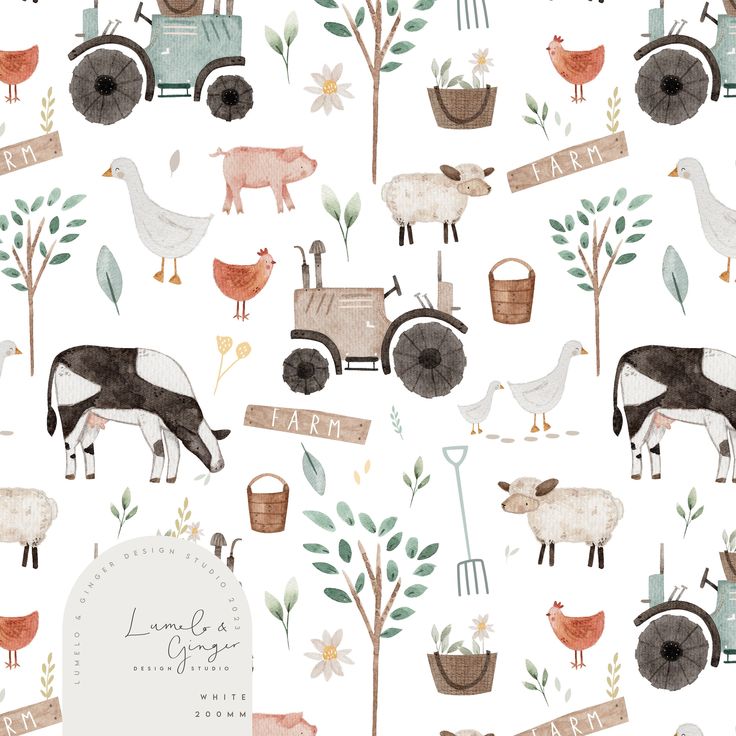 an animal and farm animals pattern on a white background