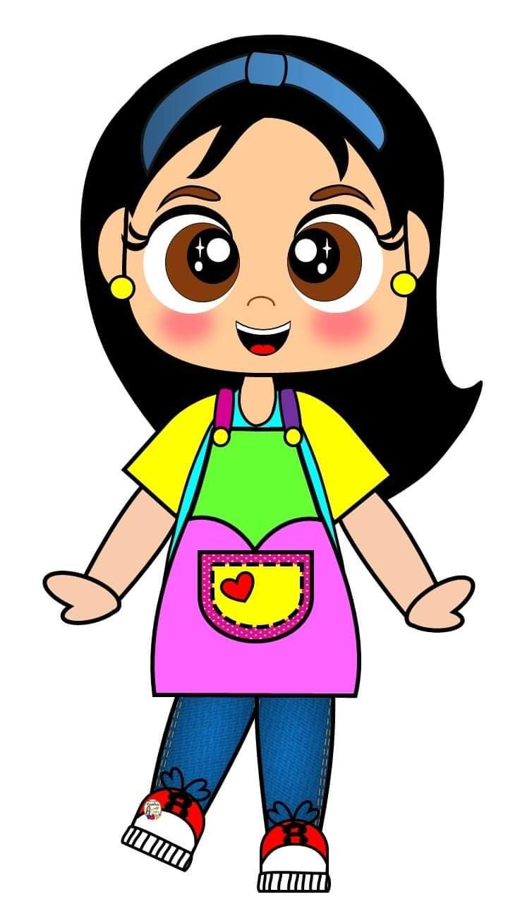 a cartoon girl with big eyes and an apron