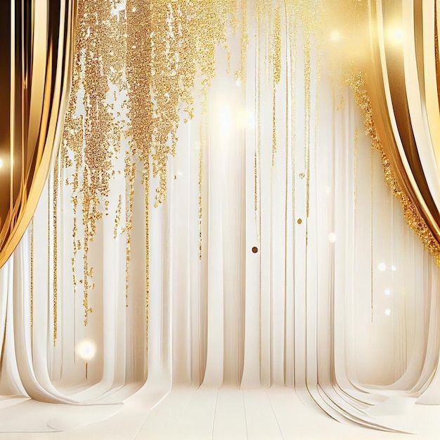 an image of a stage with curtains and gold glitters on the drapes in front of it