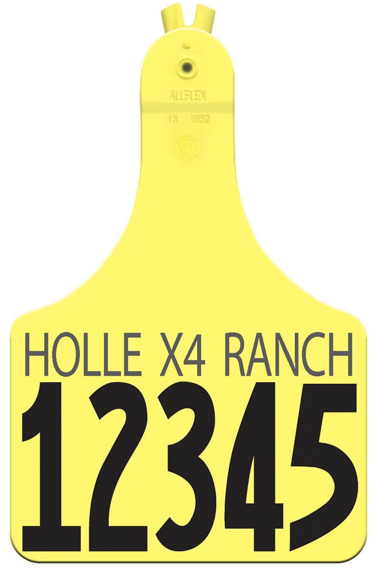 a yellow luggage tag with the name hole x4 ranch 1235 written on it