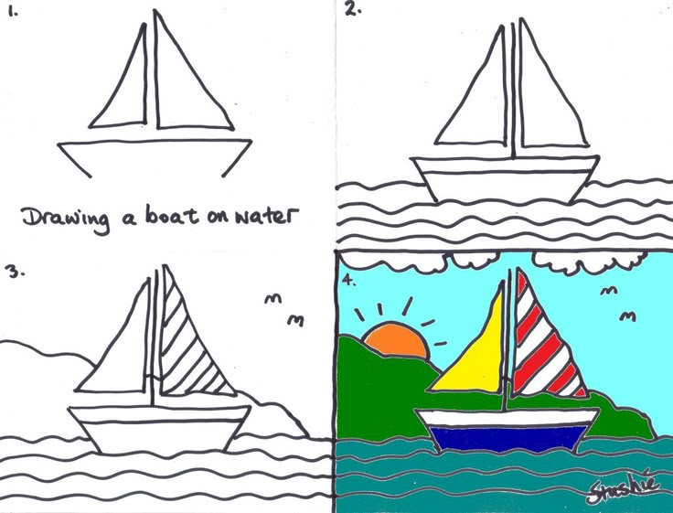 two pictures with boats in the water and one has an image of a sailboat