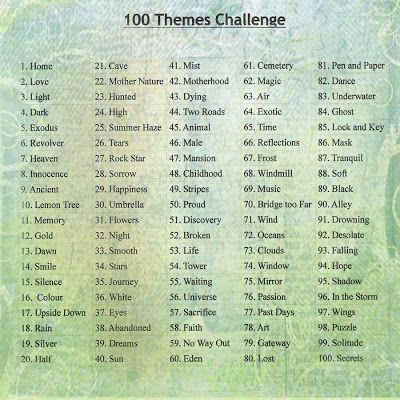 the 100 themes challenge is shown in green and blue tones with white writing on it