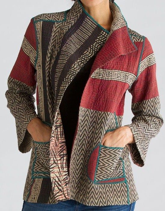 handwoven jacket Lovely Quilted Clothing, Wearable Art Clothing, Patchwork Clothes, Quilted Clothes, Handwoven Fabric, Long Sleeves Coats, Red Long Sleeve, Quilted Coat, Refashion Clothes