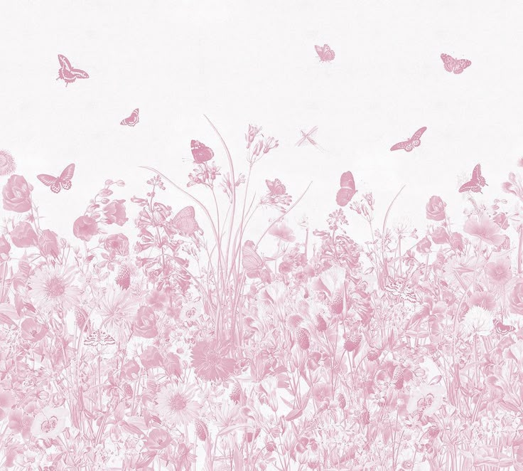 a field with lots of flowers and butterflies flying in the air above it, on a light pink background