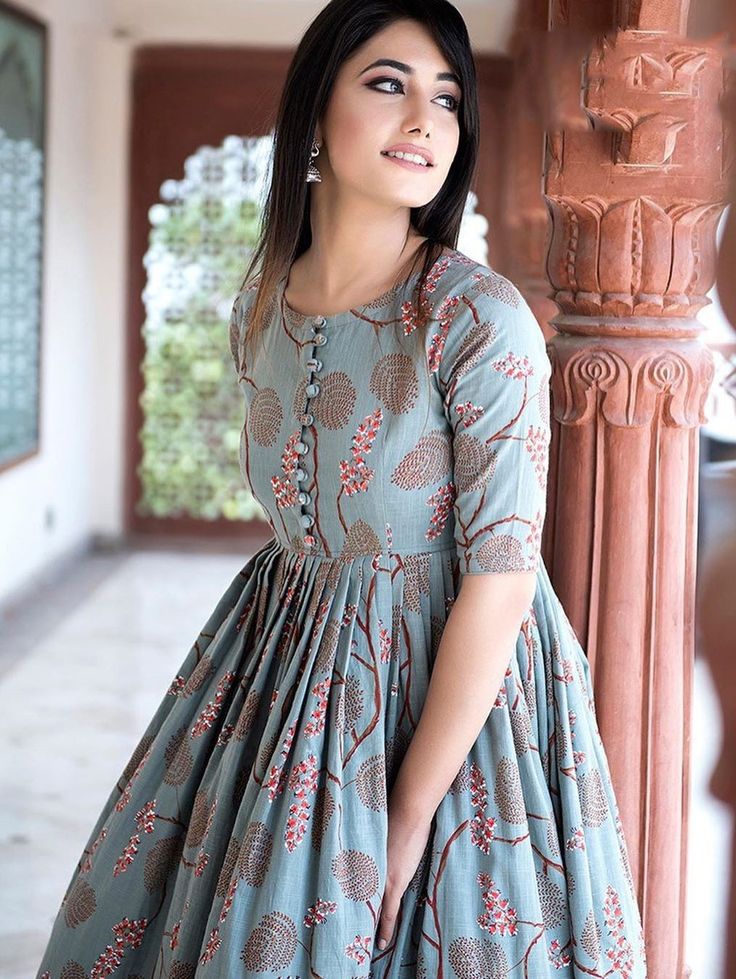 Light Steel Blue Muslin Printed Long Kurti Stylish Frocks, Design Kurta, Frock Fashion, Designer Kurti Patterns, Simple Kurti Designs, Kurti Designs Latest, Long Kurti Designs, Long Dress Design, Kurta Neck Design