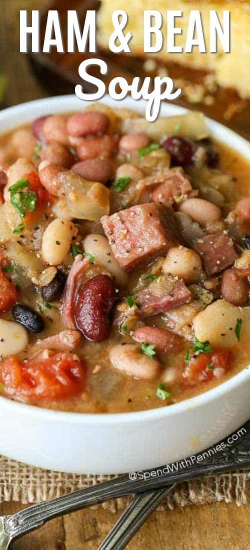 ham and bean soup in a white bowl