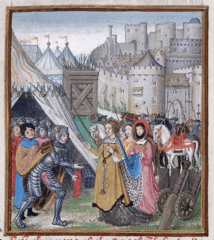 an old painting shows people in medieval clothing