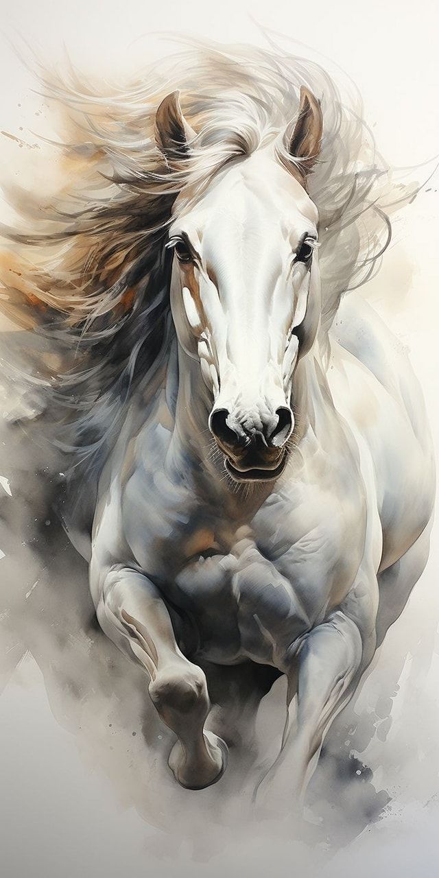 a painting of a white horse running with its hair blowing in the wind and it's eyes closed