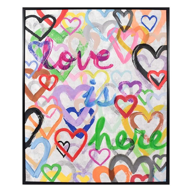 an abstract painting with hearts and the word love in multicolored letters on white paper