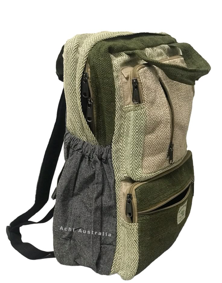 Our super sturdy hemp backpacks are designed for men and women, and have many compartments to store all your large and small bits and pieces. Featuring quality cotton lining and padding, our hemp backpacks have adjustable shoulder straps and will last you many years. Features:- *Ethically crafted in Nepal *100% Nepali grown hemp *Fully lined with woven cotton lining *Featuring a zip at the top to cover  * laptop sleeve and side pouches on each side *Loads of compartments; multi zip pockets and two side pouches. *Adjustable shoulder straps *Measuring approx Length 44cm x W: 36cm x D: 11 cm *Feedback: If for any reason you are not satisfied with your purchase please contact me before leaving negative or neutral feedback - I will do my best to rectify the situation. Thanks  Achi Australia Casual Hiking Bag With Multiple Pockets, Rectangular Backpack With Pockets For Hiking, Rectangular Hiking Backpack With Pockets, Green Cotton Rectangular Backpack, Green Rectangular Cotton Backpack, Rectangular Cotton Backpack For Outdoor, Casual Green Backpack With Multiple Pockets, Eco-friendly Green Backpack For Daily Use, Eco-friendly Green Standard Backpack