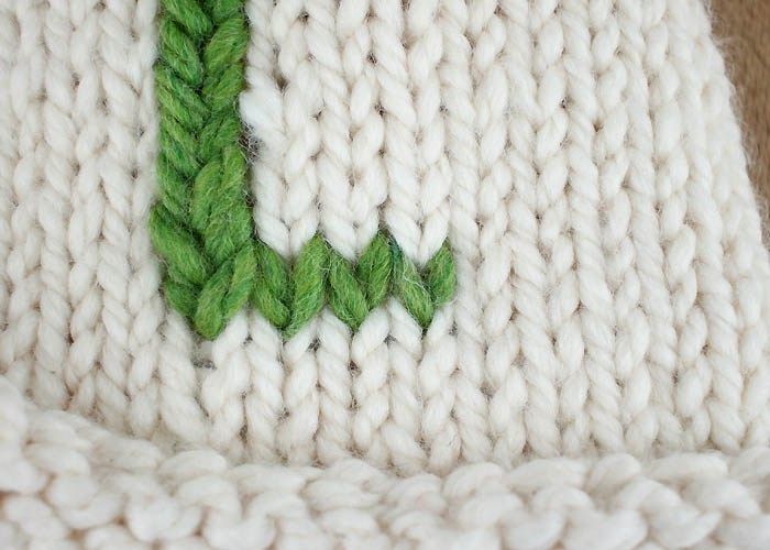 a close up of a knitted blanket with a green stitch on the front and side