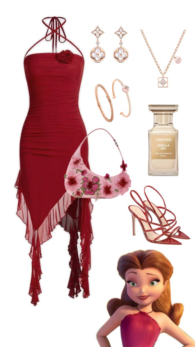 a red dress with pink flowers on it and accessories including shoes, necklaces, bracelets and earrings