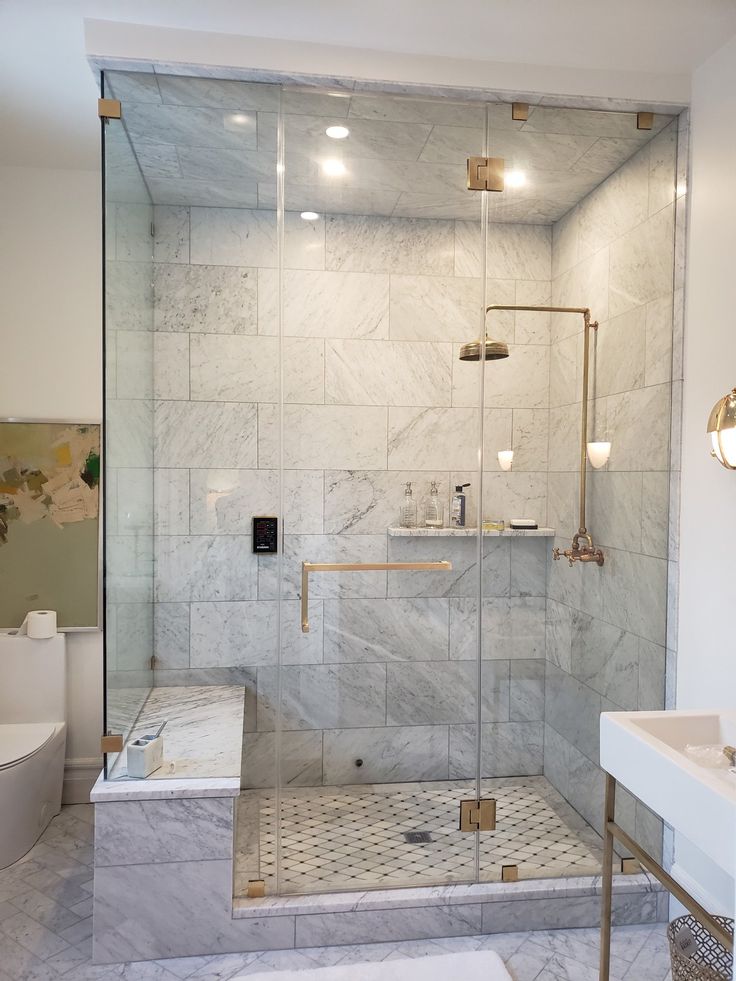 a bathroom with a walk in shower next to a white toilet and sink under lights