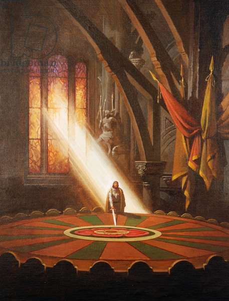 a painting of a man standing in front of a light coming from a window on top of a floor