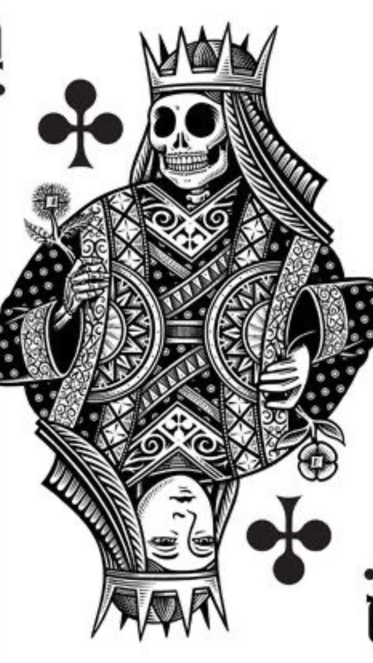 the queen of spades playing card in black and white, with skulls on it