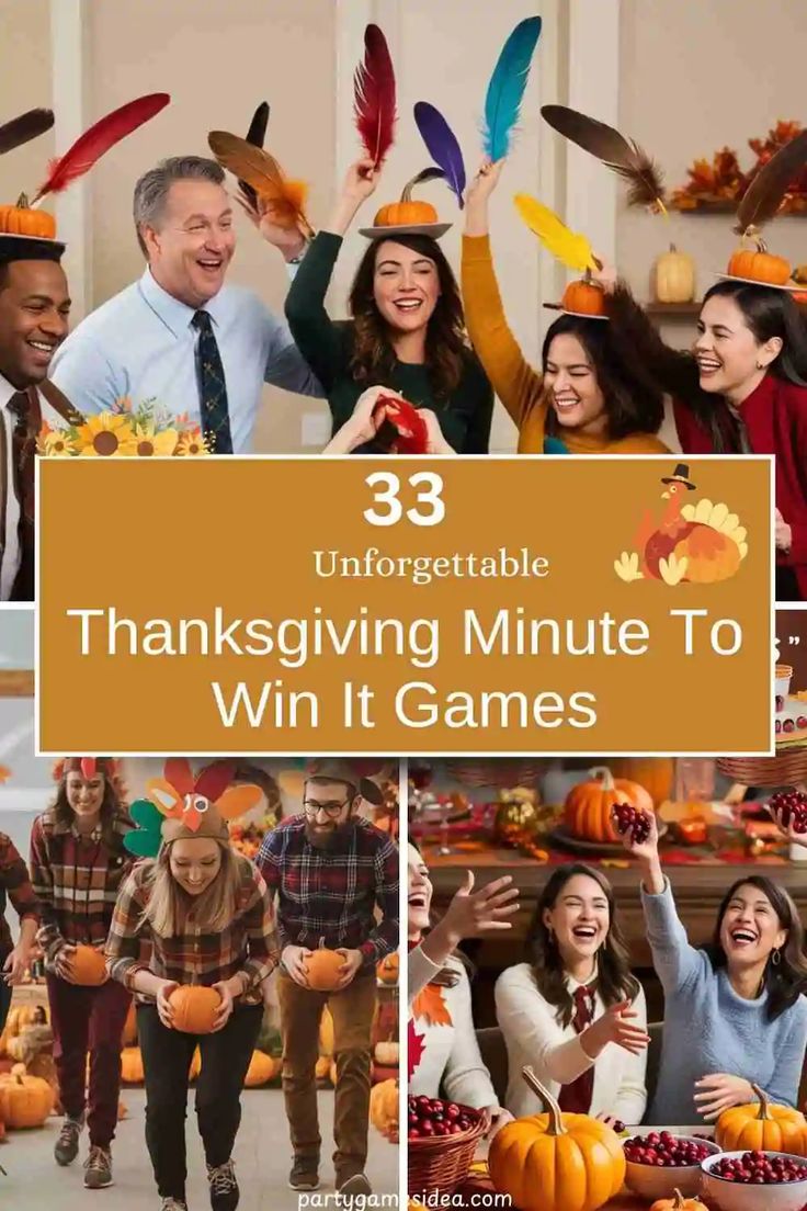 thanksgiving minute to win it games with the family and friends in front of pumpkins