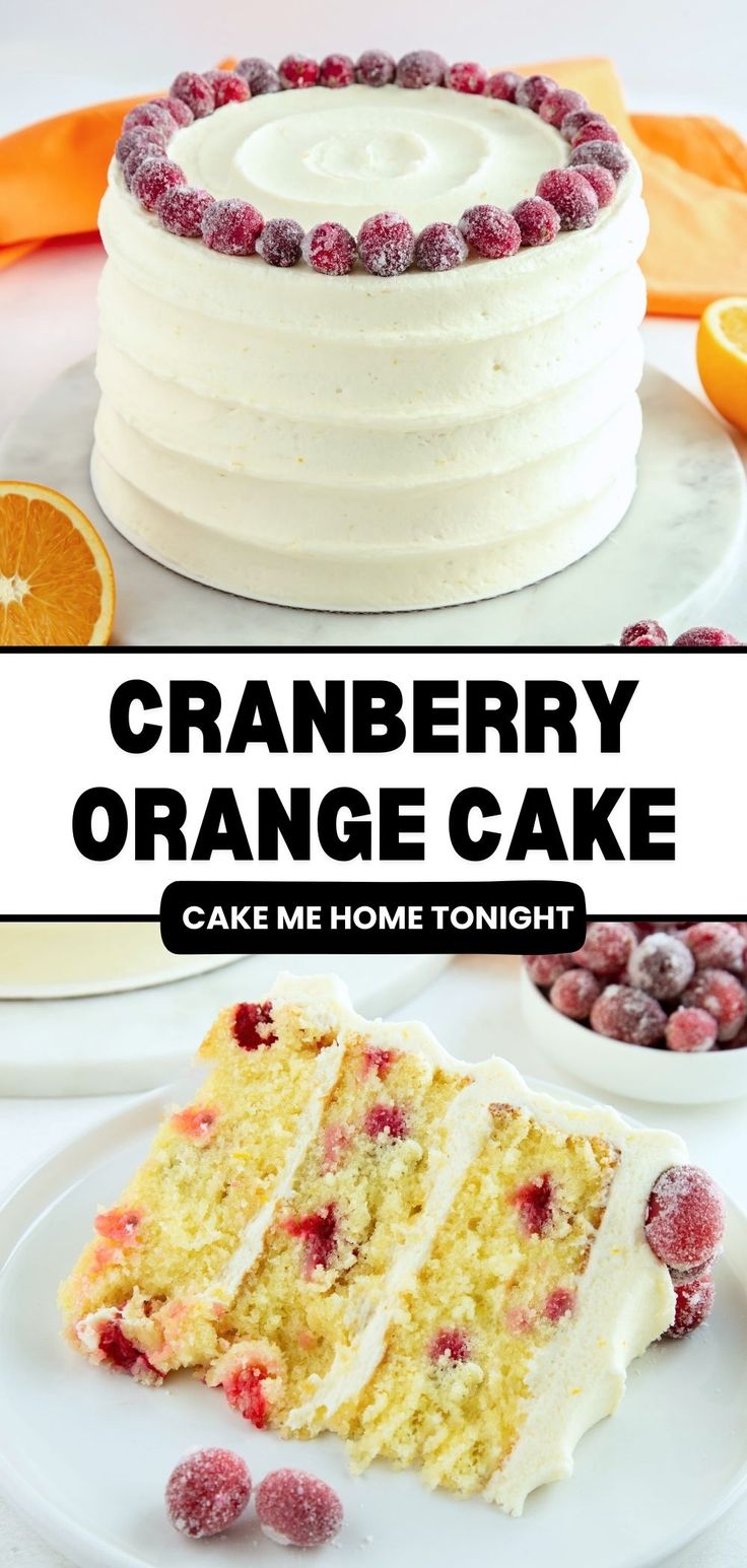 a cake with white frosting and cranberry orange icing is on a plate