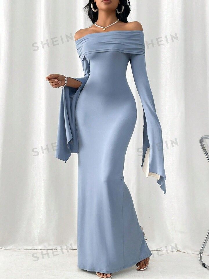 Teal Blue Party Collar Extra-Long Sleeve Fabric Plain Bodycon Embellished High Stretch  Women Clothing Black Off The Shoulder Maxi Dress, Elegant Dresses For Christmas Party, Off Shoulder Sleeve Dress, Off Shoulder Full Sleeve Dress, Elegant Rich Dresses, Long Hoco Dresses With Sleeves, Dark Blue Classy Dress, Mermaid Dress Long Sleeves, Long Sleeve Types And Styles Chart